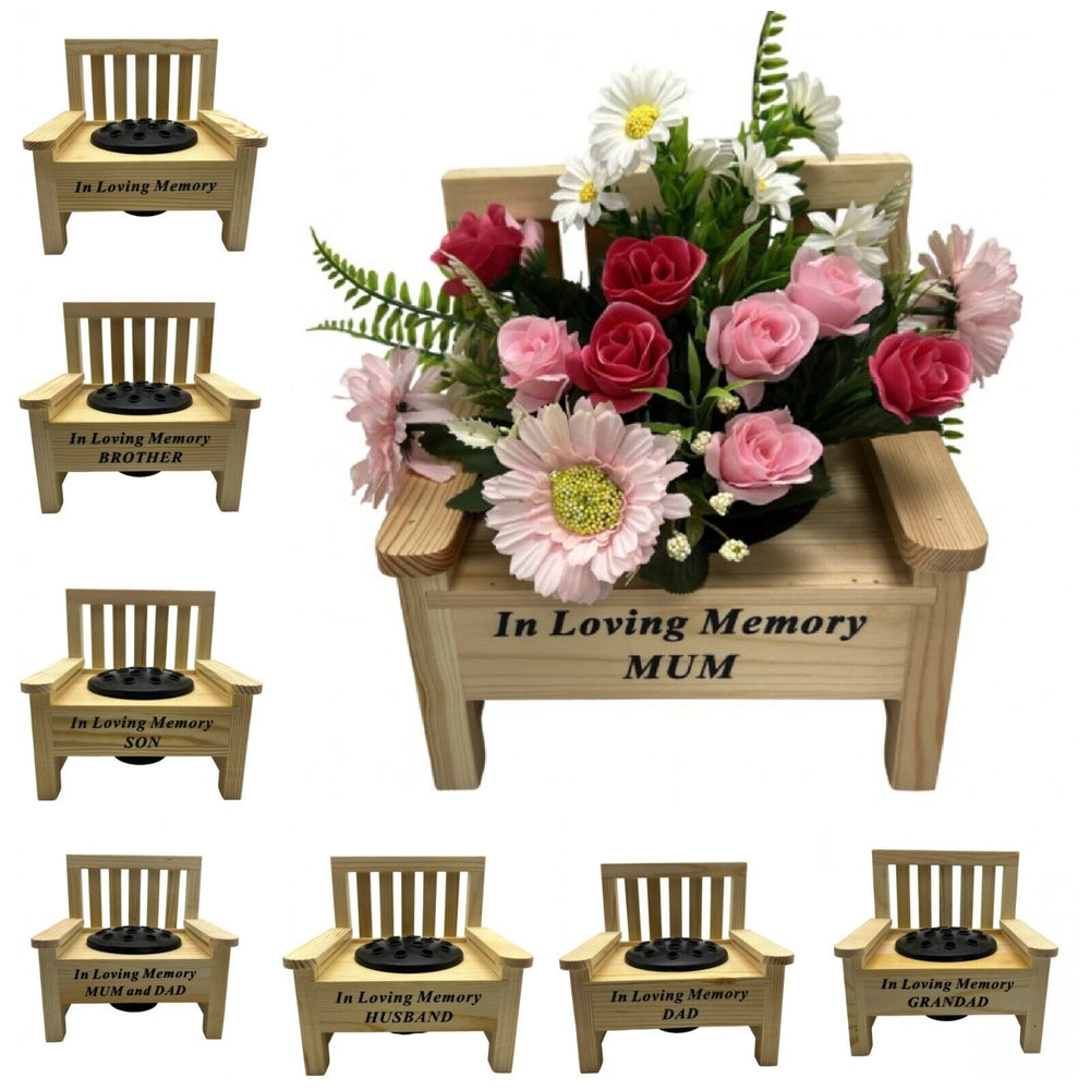 Wooden Memorial Bench with Flower Insert Pot Graveside Crematorium Plaque Garden