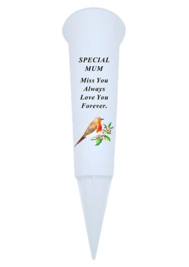 Mum Memorial White Plastic Robin Flower Grave Vase Spike - Remembrance Tribute