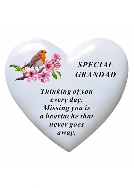 Grandad - White Robin Memorial Heart Tribute Grave Remembrance Ornament