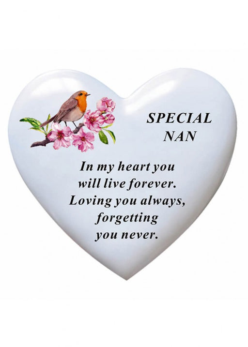 Nan - White Robin Memorial Heart Tribute Grave Remembrance Ornament