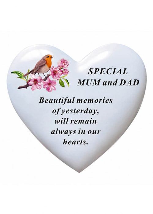 Mum & Dad - White Robin Memorial Heart Tribute Grave Remembrance Ornament