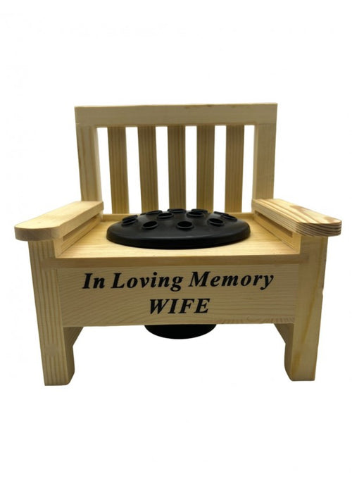 Wooden Memorial Bench with Flower Insert Pot Graveside Crematorium Plaque Garden