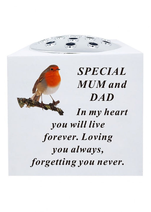 Mum & Dad - White Robin Memorial Rose Bowl Flower Vase – Grave Plaque Tribute Ornament