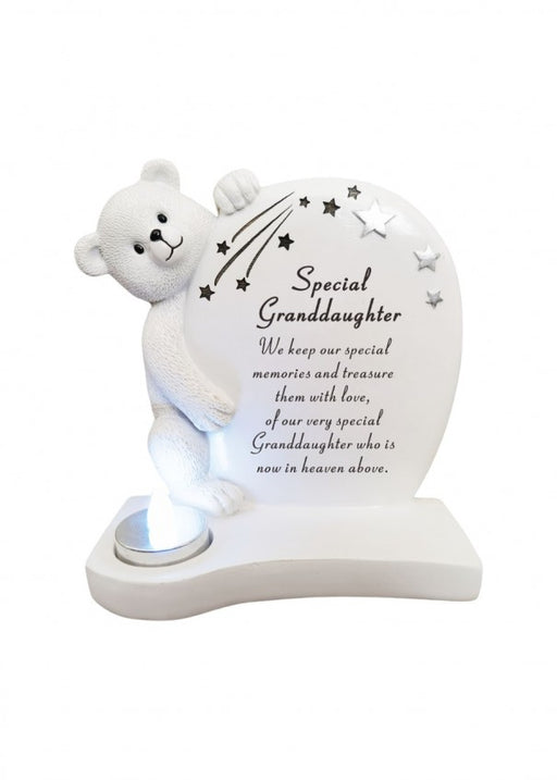 Granddaughter - White and Silver Teddy Plaque Graveside Child Baby Memorial Ornament Tribute