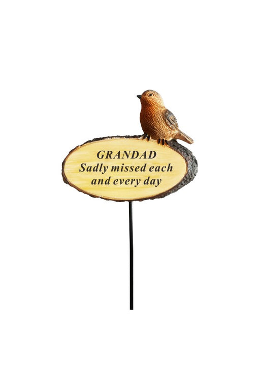 Grandad - 3D Robin On Log Stick Stake Pick Plaque Tribute Graveside Ornament