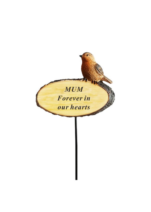 Mum - 3D Robin On Log Stick Stake Pick Plaque Tribute Graveside Ornament