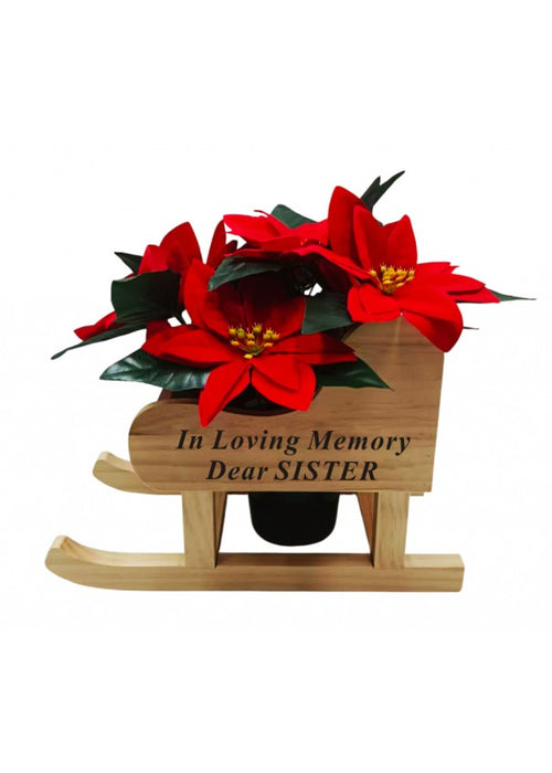 Christmas Memorial Wooden Sleigh with Red Poinsettia Grave Pot Included