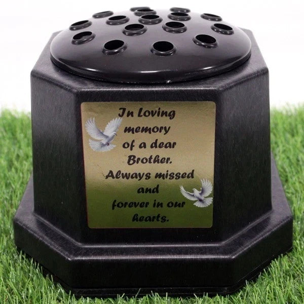 Memorial Grave Flower Pot Vase Hex Graveside Black Insert INCLUDES FREE STICKER
