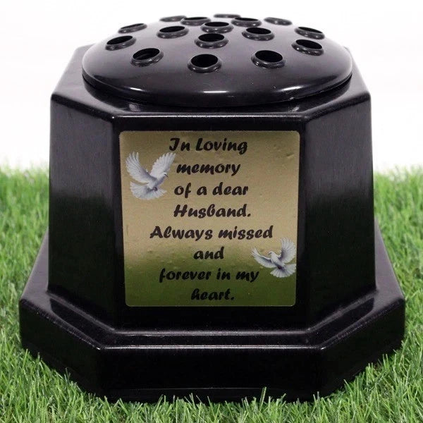 Memorial Grave Flower Pot Vase Hex Graveside Black Insert INCLUDES FREE STICKER