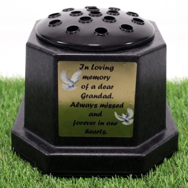 Memorial Grave Flower Pot Vase Hex Graveside Black Insert INCLUDES FREE STICKER