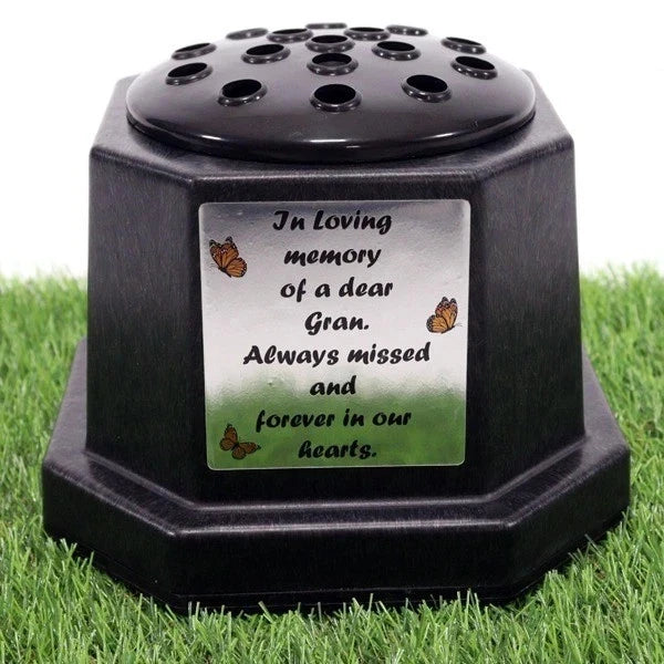 Memorial Grave Flower Pot Vase Hex Graveside Black Insert INCLUDES FREE STICKER