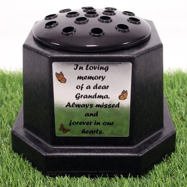 Memorial Grave Flower Pot Vase Hex Graveside Black Insert INCLUDES FREE STICKER