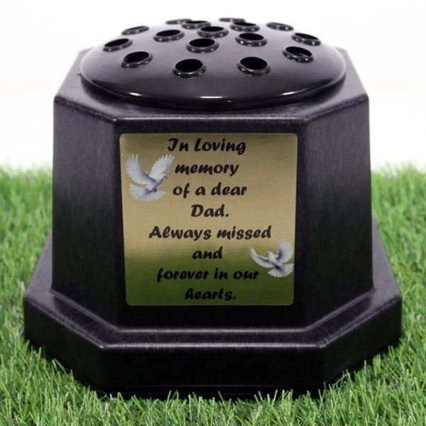 Memorial Grave Flower Pot Vase Hex Graveside Black Insert INCLUDES FREE STICKER