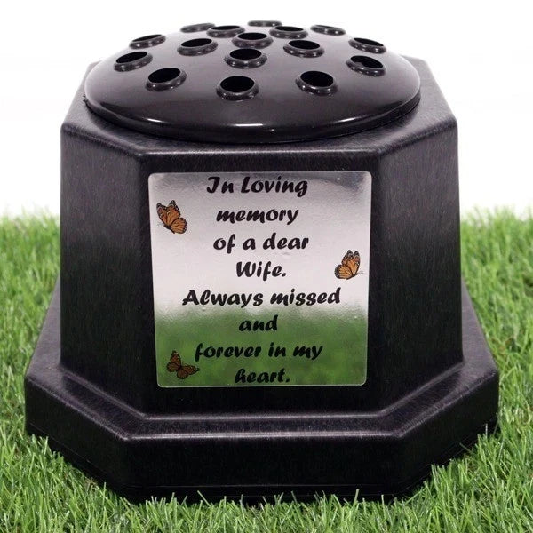 Memorial Grave Flower Pot Vase Hex Graveside Black Insert INCLUDES FREE STICKER