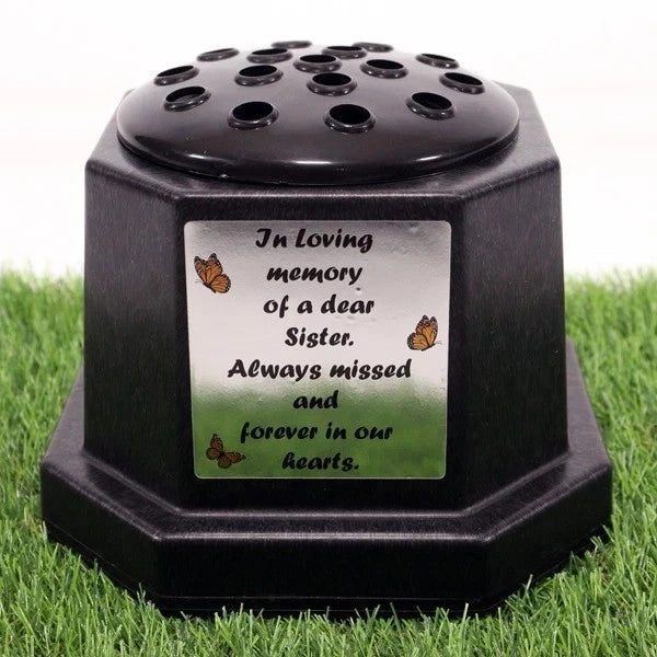 Memorial Grave Flower Pot Vase Hex Graveside Black Insert INCLUDES FREE STICKER