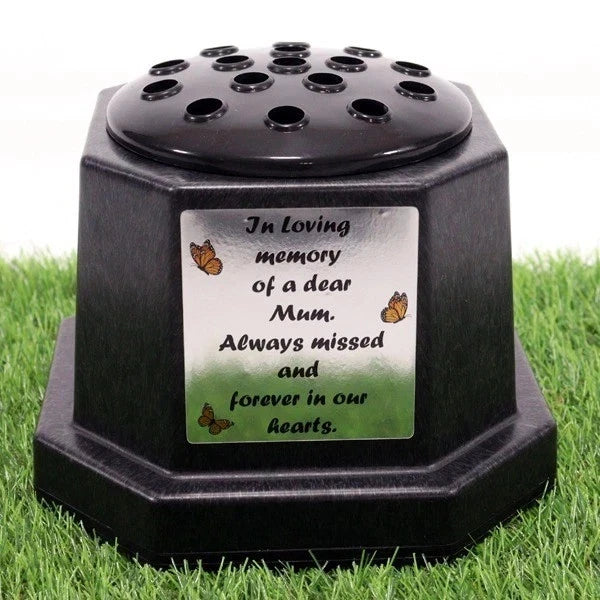Memorial Grave Flower Pot Vase Hex Graveside Black Insert INCLUDES FREE STICKER