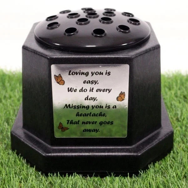 Memorial Grave Flower Pot Vase Hex Graveside Black Insert INCLUDES FREE STICKER
