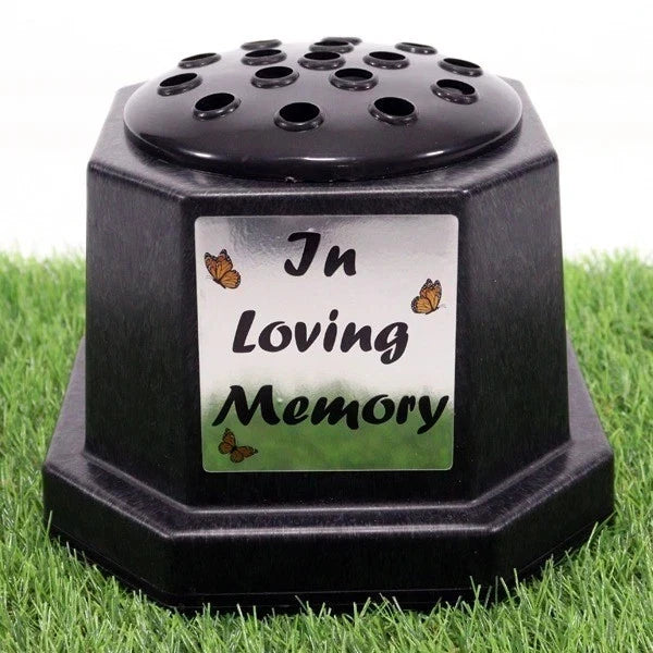 Memorial Grave Flower Pot Vase Hex Graveside Black Insert INCLUDES FREE STICKER