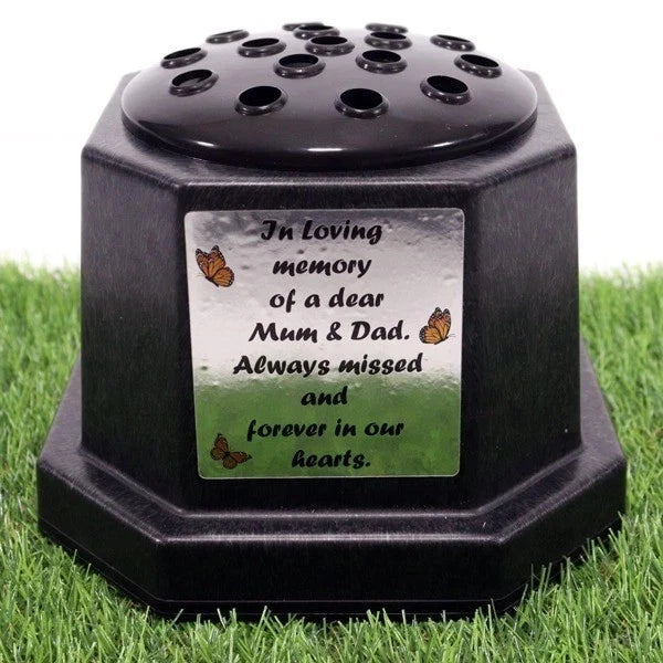 Memorial Grave Flower Pot Vase Hex Graveside Black Insert INCLUDES FREE STICKER