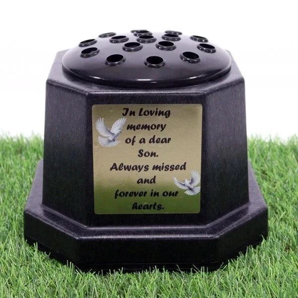Memorial Grave Flower Pot Vase Hex Graveside Black Insert INCLUDES FREE STICKER
