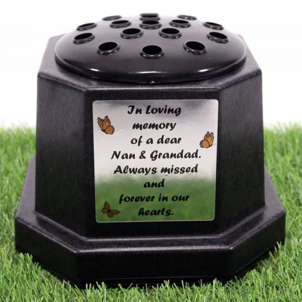 Memorial Grave Flower Pot Vase Hex Graveside Black Insert INCLUDES FREE STICKER