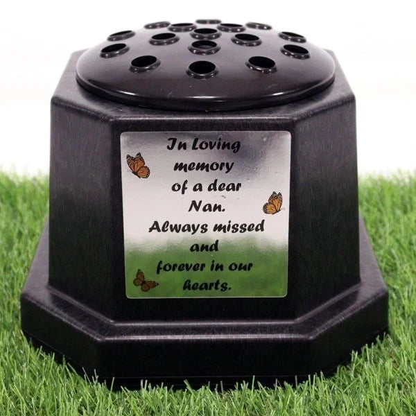 Memorial Grave Flower Pot Vase Hex Graveside Black Insert INCLUDES FREE STICKER