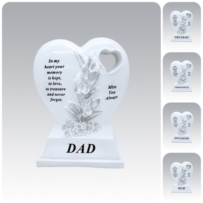 White Silver Double Heart Floral Memorial - Remembrance Graveside Plaque Tribute