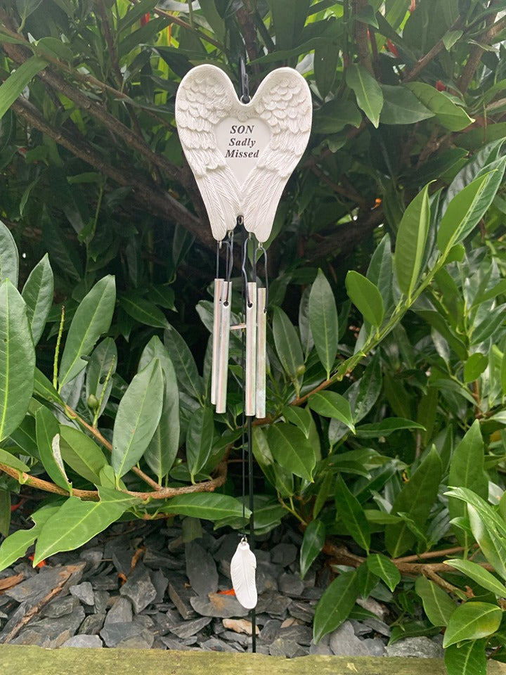 Son - White & Silver Angel Wings Feather Memorial Wind Chime