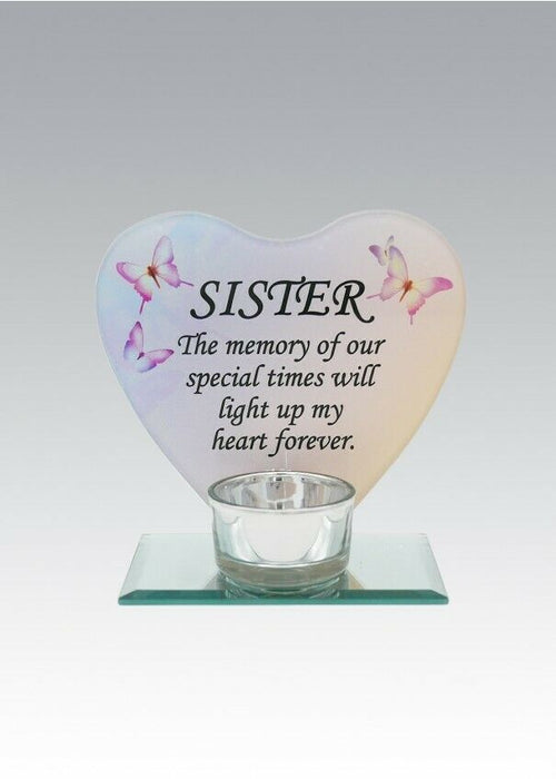 Glass Heart Memorial Plaque Tea Light Candle Holder Floral Graveside Tribute