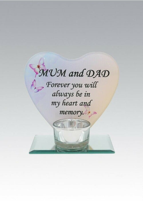 Glass Heart Memorial Plaque Tea Light Candle Holder Floral Graveside Tribute