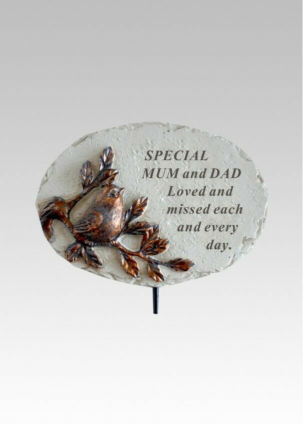 Mum & Dad - Memorial Bronze 3D Bird Stick Stake Pick Plaque Tribute Graveside Ornament