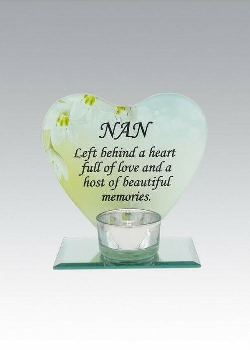 Glass Heart Memorial Plaque Tea Light Candle Holder Floral Graveside Tribute