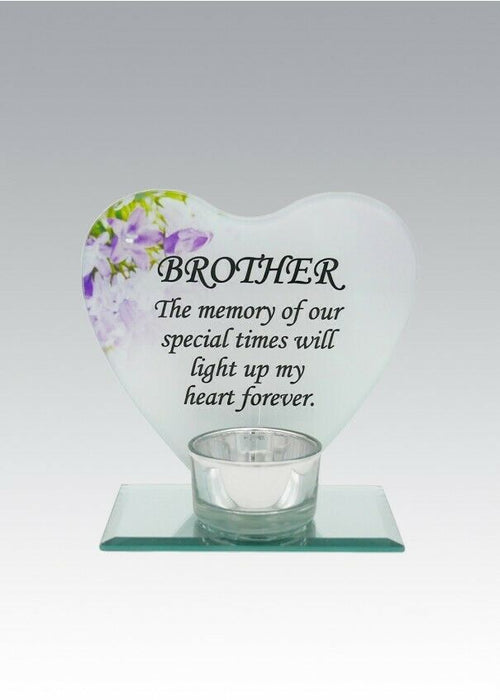 Glass Heart Memorial Plaque Tea Light Candle Holder Floral Graveside Tribute