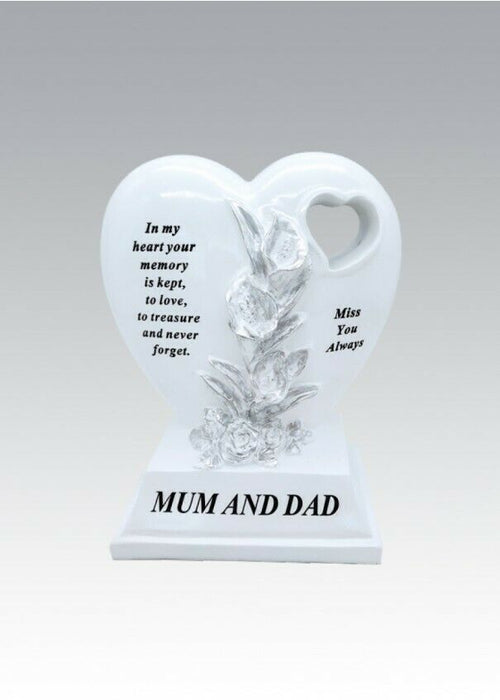 White Silver Double Heart Floral Memorial - Remembrance Graveside Plaque Tribute