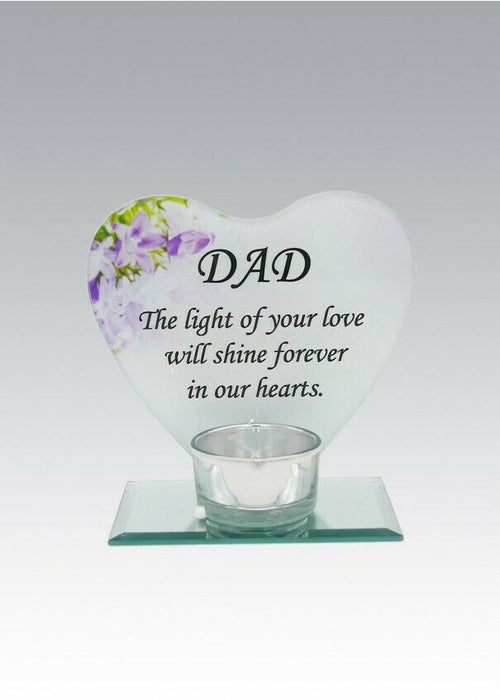 Glass Heart Memorial Plaque Tea Light Candle Holder Floral Graveside Tribute