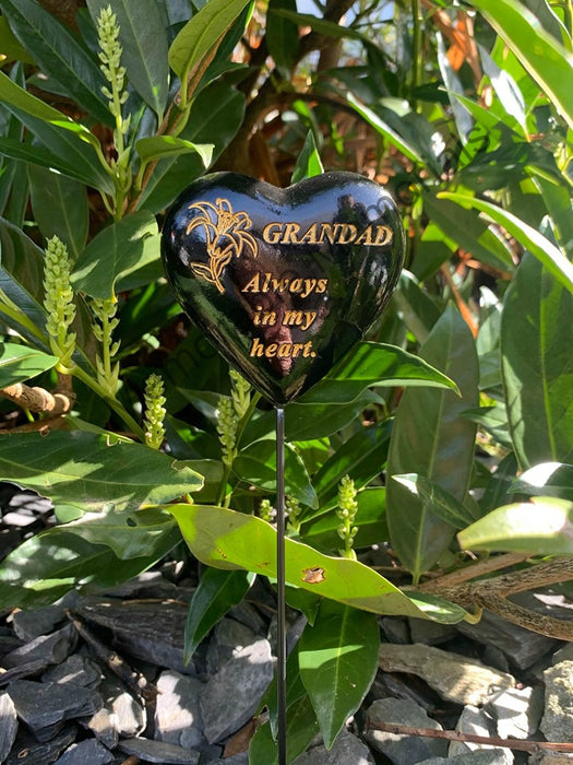 Grandad - Black & Gold Resin Memorial Lily Heart Stick Stake Graveside Crematorium