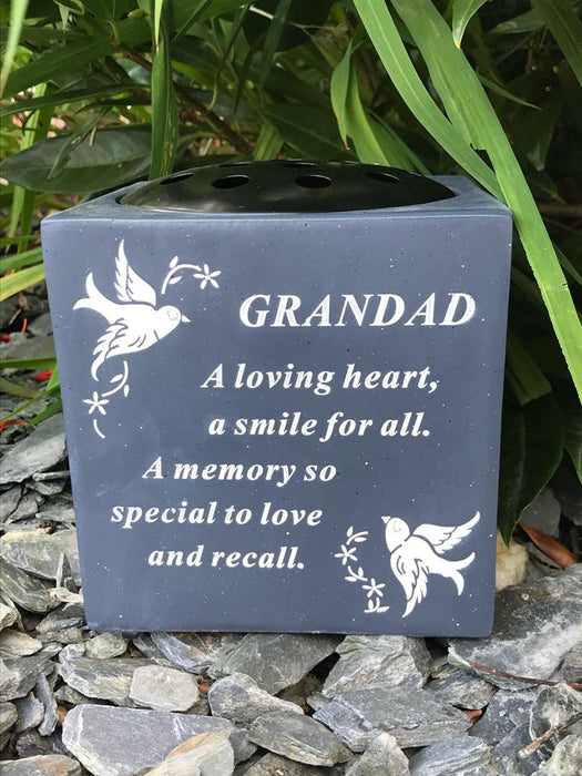 Grandad Slate Grey Memorial Flower Vase - Rose Bowl Dove Diamante - Graveside Plaque Tribute