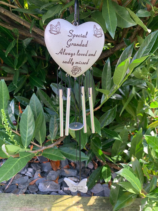 Grandad - Heart Memorial Wind Chime Tribute Plaque Ornament Butterfly Flower Graveside