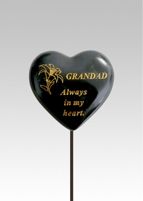 Grandad - Black & Gold Resin Memorial Lily Heart Stick Stake Graveside Crematorium