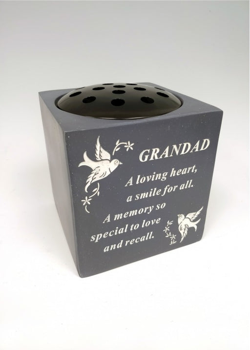 Grandad Slate Grey Memorial Flower Vase - Rose Bowl Dove Diamante - Graveside Plaque Tribute