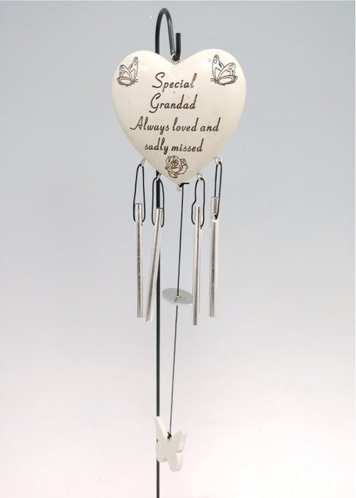 Grandad - Heart Memorial Wind Chime Tribute Plaque Ornament Butterfly Flower Graveside