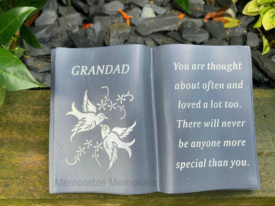 Grandad - Memorial Slate Grey Dove Book Diamante Flower Graveside Plaque Tribute Ornament