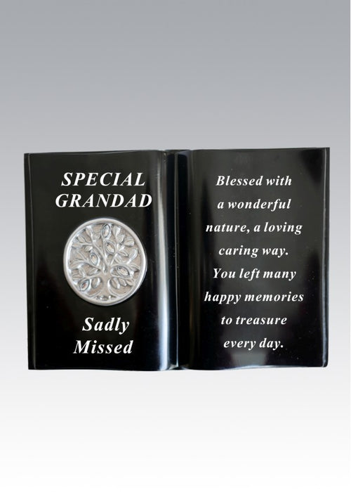 Grandad - Memorial Black Silver Diamante Tree of Life Book Grave Plaque Ornament Tribute