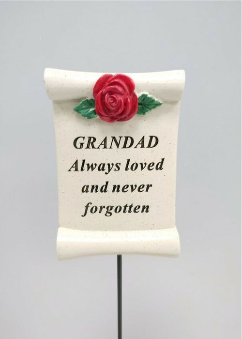 Grandad Red Rose Scroll Stick - Memorial Tribute Spike