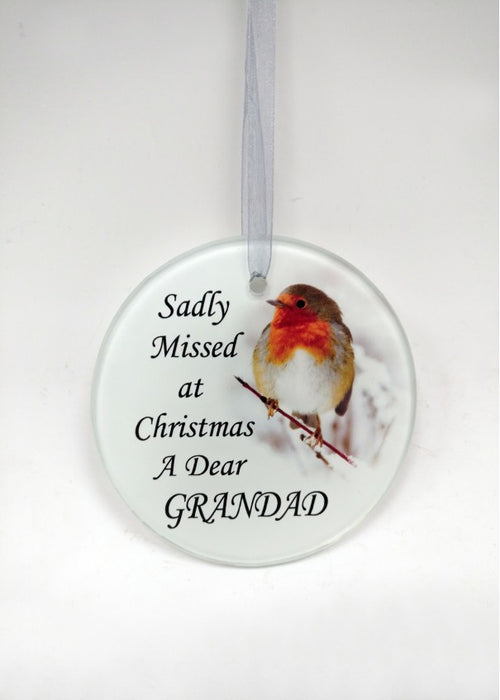 Grandad - Memorial Glass Robin Christmas Bauble - Tree Decoration Xmas