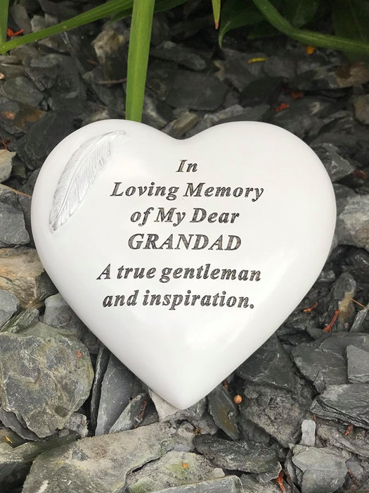 Grandad - White & Silver Angel Feather Memorial Heart Tribute Grave Remembrance Ornament