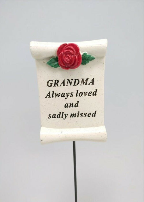 Grandma Red Rose Scroll Stick - Memorial Tribute Spike