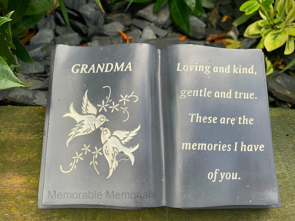 Grandma - Memorial Slate Grey Dove Book Diamante Flower Graveside Plaque Tribute Ornament