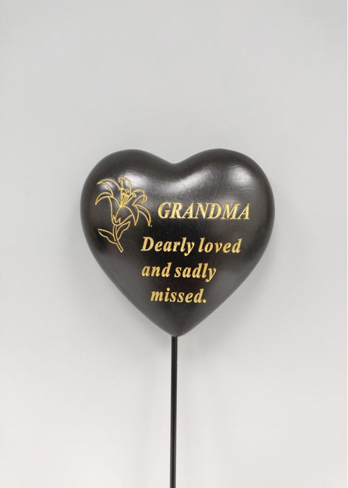 Grandma - Black & Gold Resin Memorial Lily Heart Stick Stake Graveside Crematorium