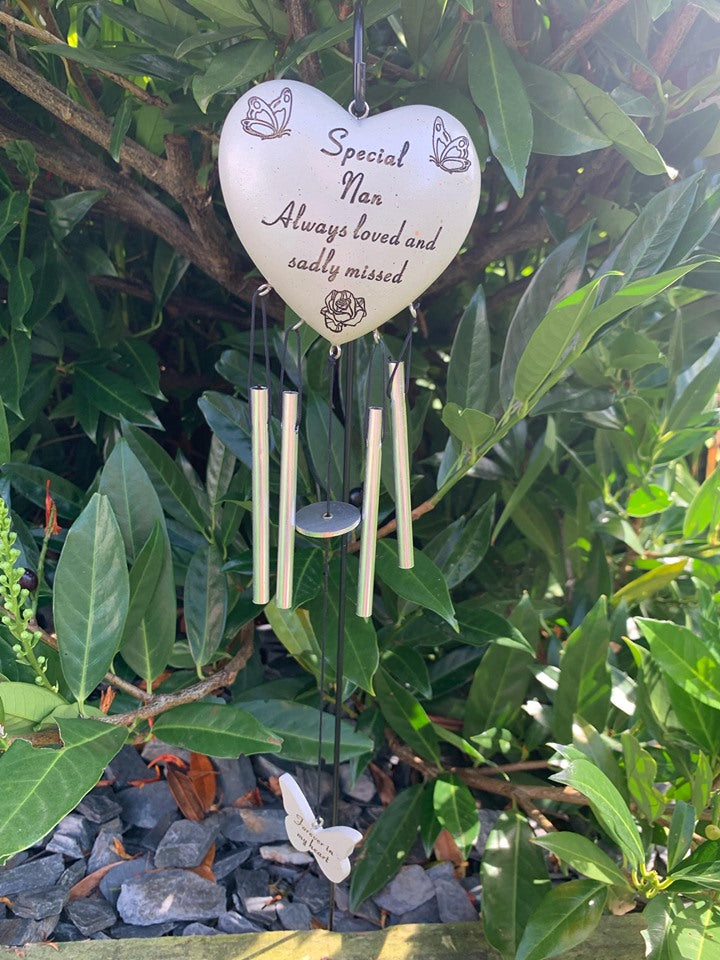 Nan - Heart Memorial Wind Chime Tribute Plaque Ornament Butterfly Flower Graveside